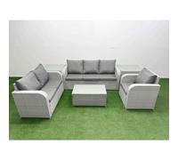 Fimous Patio PE Wicker 6 Seater Outdoor Rattan Furniture Sofa Sets with Rectangular Coffee Table 3 Seater Sofa 2 Side Table