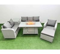 Patio PE Wicker 7 Seater Outdoor Rattan Furniture Sofa Sets with Firepit Dining Table Reclining Chair Loveseat Sofa 3 Seater Sofa Big Footstool Side T Fimous Light Grey One Size