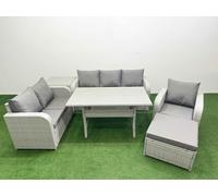 Patio PE Wicker 7 Seater Outdoor Rattan Furniture Sofa Sets with Rectangular Dining Table Reclining Chair Loveseat Sofa 3 Seater Sofa Big Footstool Si Fimous Light Grey One Size