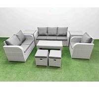 Fimous Patio PE Wicker 8 Seater Outdoor Rattan Furniture Sofa Sets w/ Oblong Coffee Table Reclining Chair Loveseat Sofa 3 Seater Sofa Stool 2 Side Fimous Light Grey