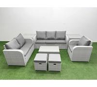 Patio PE Wicker 8 Seater Outdoor Rattan Furniture Sofa Sets with Rectangular Coffee Table Reclining Chair Loveseat Sofa 3 Seater Sofa Stool 2 Side Tab Fimous Light Grey One Size