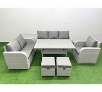 Fimous Patio PE Wicker 8 Seater Outdoor Rattan Furniture Sofa Sets w/ Rectangular Dining Table Reclining Chair Loveseat Sofa 3 Seater Sofa Stool Side Fimous Light Grey