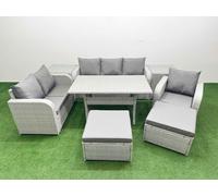 Patio PE Wicker 8 Seater Outdoor Rattan Furniture Sofa Sets with Rectangular Dining Table Reclining Chair Loveseat Sofa 3 Seater Sofa 2 Big Footstools Fimous Light Grey One Size