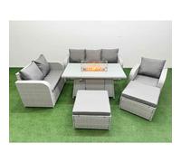 Patio PE Wicker 8 Seater Outdoor Rattan Furniture Sofa Sets with Firepit Dining Table Reclining Chair Loveseat Sofa 3 Seater Sofa 2 Big Footstools Lig Fimous Light Grey One Size