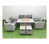 Patio PE Wicker 8 Seater Outdoor Rattan Furniture Sofa Sets with Firepit Dining Table Reclining Chair Loveseat Sofa 3 Seater Sofa Stool 2 Side Table L Fimous Light Grey One Size