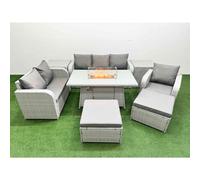 Fimous Patio PE Wicker 8 Seater Outdoor Rattan Furniture Sofa Sets with Firepit Dining Table Loveseat Sofa 2 Big Footstools 2 Side Table