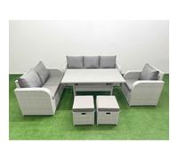 Fimous Patio PE Wicker 8 Seater Outdoor Rattan Furniture Sofa Sets with Reclining Chair Loveseat Sofa 3 Seater Sofa Stool Light Grey