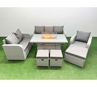Fimous Patio PE Wicker 9 Seater Outdoor Rattan Furniture Sofa Sets w/ Firepit Dining Table Reclining Chair Loveseat Sofa 3 Seater Sofa Stool Light Fimous Light Grey