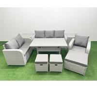 Fimous Patio PE Wicker 9 Seater Outdoor Rattan Furniture Sofa Sets w/ Rectangular Dining Table Reclining Chair Loveseat Sofa 3 Seater Sofa Stool 2 Fimous Light Grey