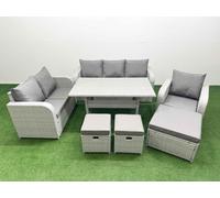 Fimous Patio PE Wicker 9 Seater Outdoor Rattan Furniture Sofa Sets w/ Rectangular Dining Table Reclining Chair Loveseat Sofa 3 Seater Sofa Stool Fimous Light Grey