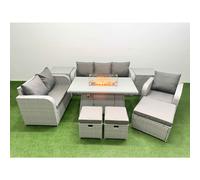 Patio PE Wicker 9 Seater Outdoor Rattan Furniture Sofa Sets with Firepit Dining Table Reclining Chair Loveseat Sofa 3 Seater Sofa Stool 2 Side Table L Fimous Light Grey One Size