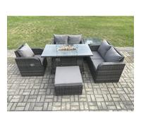 Fimous Patio Rattan Garden Furniture Set with Gas Fire Pit Dining Table,Big Footstool and Side Table Indoor Outdoor 6 piece Love Sofa set