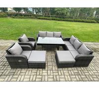 Fimous Patio Rattan Garden Furniture Set with Oblong Rectangular Dining Table 10 Seater Outdoor Lounge Sofa Set Dark Grey Mixed