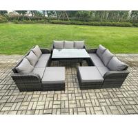 Fimous Patio Rattan Garden Furniture Set with Oblong Rectangular Dining Table 11 Seater Outdoor Lounge Sofa Set Dark Grey Mixed