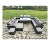 Fimous Patio Rattan Garden Furniture Set with Oblong Rectangular Dining Table 12 Seater Outdoor Lounge Sofa Sets Dark Grey Mixed
