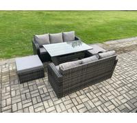 Fimous Patio Rattan Garden Furniture Set with Rectangular Dining Table 2 Big Footstool 5 Pieces Outdoor Lounge Sofa Set Dark Grey Mixed