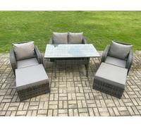 Patio Rattan Garden Furniture Set with Oblong Rectangular Dining Table 2 Big Footstool 6 Seater Outdoor Lounge Sofa Set Dark Grey Mixed Fimous Dark Grey One Size