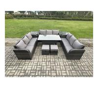 Fimous Patio Rattan Garden Furniture Set with Oblong Rectangular Dining Table 2 Side Table 11 Seater Outdoor Lounge Sofa Set