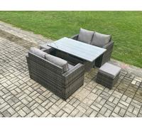 Fimous Patio Rattan Garden Furniture Set with Oblong Rectangular Dining Table 2 Small Footstools 6 Seater Outdoor Loveseat Sofa Set