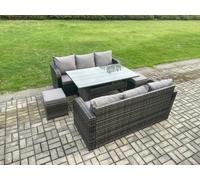 Fimous Patio Rattan Garden Furniture Set with Oblong Rectangular Dining Table 2 Small Footstools 8 Seater Outdoor Lounge Sofa Set Dark Grey Mixed