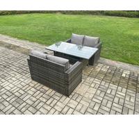 Fimous Patio Rattan Garden Furniture Set with Oblong Rectangular Dining Table 4 Seater Outdoor Loveseat Sofa Set Dark Grey Mixed
