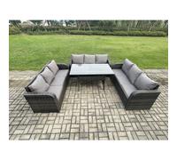 Fimous Patio Rattan Garden Furniture Set with Oblong Rectangular Dining Table 9 Seater Outdoor Lounge Sofa Set Dark Grey Mixed