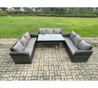 Fimous Patio Rattan Garden Furniture Set with Oblong Rectangular Dining Table 9 Seater Outdoor Lounge Sofa Set Dark Grey Mixed