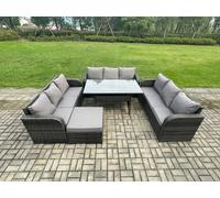 Fimous Patio Rattan Garden Furniture Set with Oblong Rectangular Dining Table Big Footstool 10 Seater Outdoor Lounge Sofa Set Dark Grey Mixed