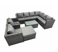 Fimous Patio Sofa Oblong Coffee Table Set Rattan Garden Furniture Set with 2 Chairs Big Stool Dark Grey Mixed
