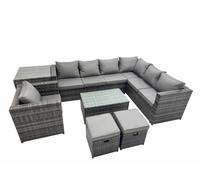 Fimous Patio Sofa Oblong Coffee Table Set Rattan Garden Furniture Set with Chair Side Table Dark Grey Mixed Dark Grey
