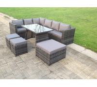 Fimous PE Rattan Corner Sofa Set Rectangular Dining Table Set With Seat And Back Cushion 7 Seater