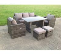 Fimous PE Rattan Garden Furniture Set Adjustable Chair Lounge 3 Seater Sofa Oblong Rectangular Dining Black Glass Table 2 Stools