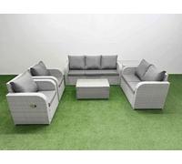 Fimous PE Rattan Garden Furniture Set Adjustable Chair Sofa Double Love Seat 2 Seater Sofa Lounge Set Oblong Coffee Table Side Table Light Grey