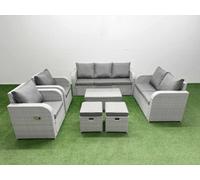 Fimous Pe Rattan Garden Furniture Set Adjustable Chair Sofa 2 Seater Sofa Lounge Set Oblong Coffee Table 2 Stools Light Grey