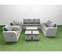 Fimous Pe Rattan Garden Furniture Set Adjustable Chair Sofa 2 Seater Sofa Lounge Set Oblong Coffee Table 2 Stools 2 Side Table