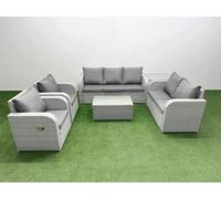 Fimous PE Rattan Garden Furniture Set Adjustable Chair Sofa Double Love Seat 2 Seater Sofa Lounge Set Oblong Coffee Table Side Table Light Grey