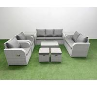 Fimous Light Grey PE Rattan Outdoor Lounge Set - Adjustable Chair, Double Loveseat, Oblong Coffee Table, 2 Stools & 2 Side Tables