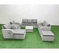 Fimous PE Rattan Garden Furniture Set Adjustable Chair Sofa Double Love Seat 2 Seater Sofa Lounge Set Square Coffee Table 2 Big Footstool Side Table Fimous Light Grey