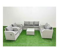 Fimous PE Rattan Garden Furniture Set Adjustable Chair Sofa Double Love Seat 2 Seater Sofa Lounge Set Square Coffee Table 2 Side Table Light Grey