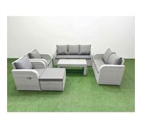 Fimous PE Wicker Rattan Garden Furniture Set - Light Grey Adjustable Reclining Chair Sofa Lounge Set with Coffee Table & Big Footstool
