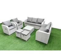 Fimous PE Rattan Garden Furniture Set Adjustable Chair Sofa Double Love Seat 2 Seater Sofa Lounge Set 2 Stools Light Grey