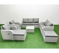 Fimous PE Rattan Garden Furniture Set Adjustable Chair Sofa Double Love Seat 2 Seater Sofa Lounge Set Square Coffee Table 2 Big Footstool Light Grey Fimous Light Grey