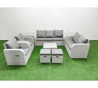 Fimous Rattan Garden Furniture Set with Adjustable Chair Love Seat 2 Seater Sofa Square Coffee Table 2 Stools 2 Side Table Light Grey