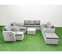 Fimous Rattan Garden Furniture Set Adjustable Chair Sofa Double Love Seat 2 Seater Sofa Square Coffee Table 3 Stools 2 Side Table Light Grey
