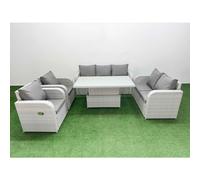 Fimous Light Grey PE Rattan Outdoor Lounge Set - Reclining Chair, Double Loveseat & Adjustable Lifting Dining/Coffee Table