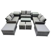 Fimous PE Rattan Garden Furniture Set Lounge Double Seat Sofa Coffee Table Set with 2 Side Tables 4 Stools Dark Grey MixedMixed