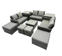 Fimous PE Rattan Garden Furniture Set Lounge Double Seat Sofa Coffee Table Set with 2 Side Tables 4 Stools Dark Grey Mixed