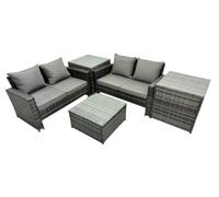 Fimous PE Rattan Garden Furniture Set Lounge Double Seat Sofa Coffee Table Set with 2 Side Tables Dark Grey Mixed