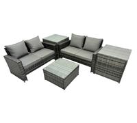 Fimous PE Rattan Garden Furniture Set Lounge Double Seat Sofa Coffee Table Set with 2 Side Tables Dark Grey Mixed