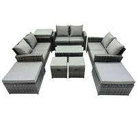 Fimous PE Rattan Garden Furniture Set Lounge Double Seat Sofa Coffee Table Set with Side Table 4 Stools Dark Grey MixedMixed